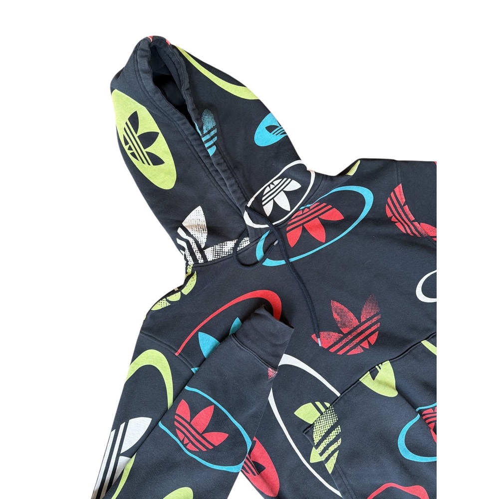 Adidas Trefoil All Over Print Hoodie Black Multi Color Logo Men's Size S